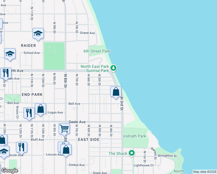 map of restaurants, bars, coffee shops, grocery stores, and more near 406 Clifton Avenue in Sheboygan