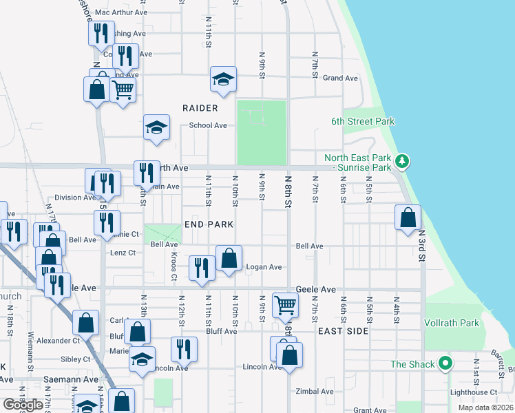 map of restaurants, bars, coffee shops, grocery stores, and more near 2433 North 10th Street in Sheboygan