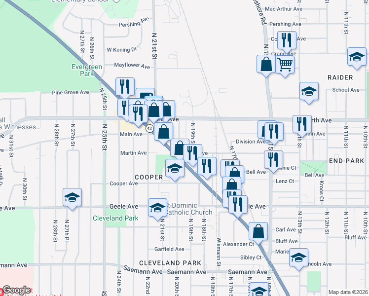 map of restaurants, bars, coffee shops, grocery stores, and more near 2433 North 20th Street in Sheboygan