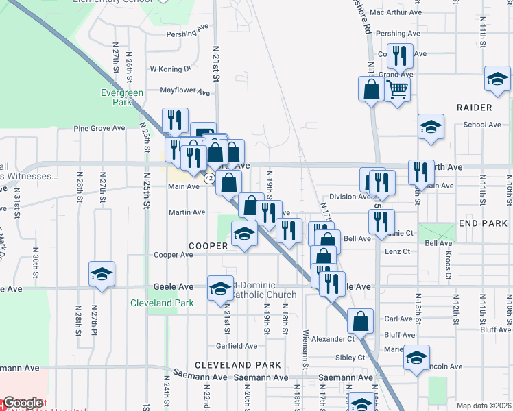 map of restaurants, bars, coffee shops, grocery stores, and more near 2433 North 20th Street in Sheboygan