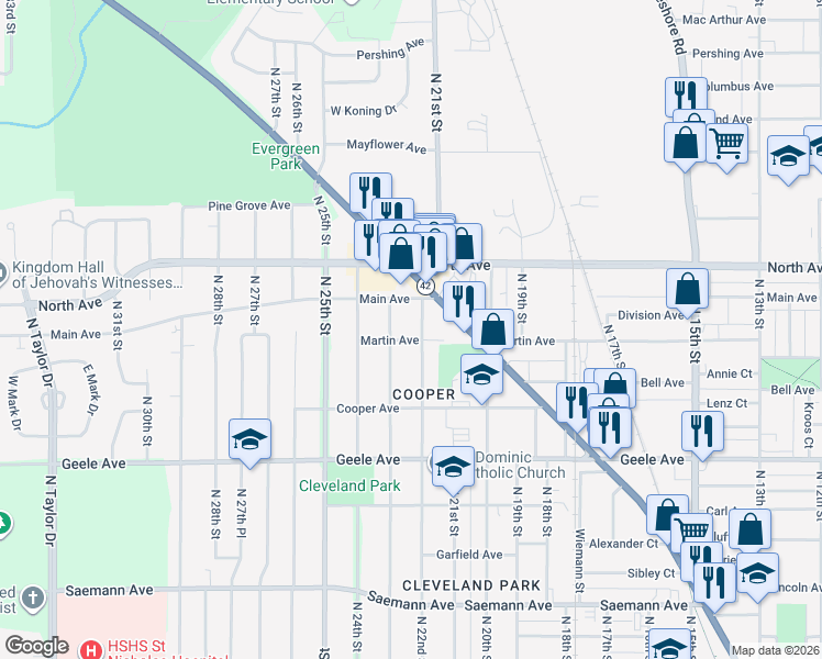 map of restaurants, bars, coffee shops, grocery stores, and more near 2433 North 22nd Street in Sheboygan