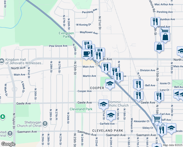 map of restaurants, bars, coffee shops, grocery stores, and more near 2434 North 23rd Street in Sheboygan