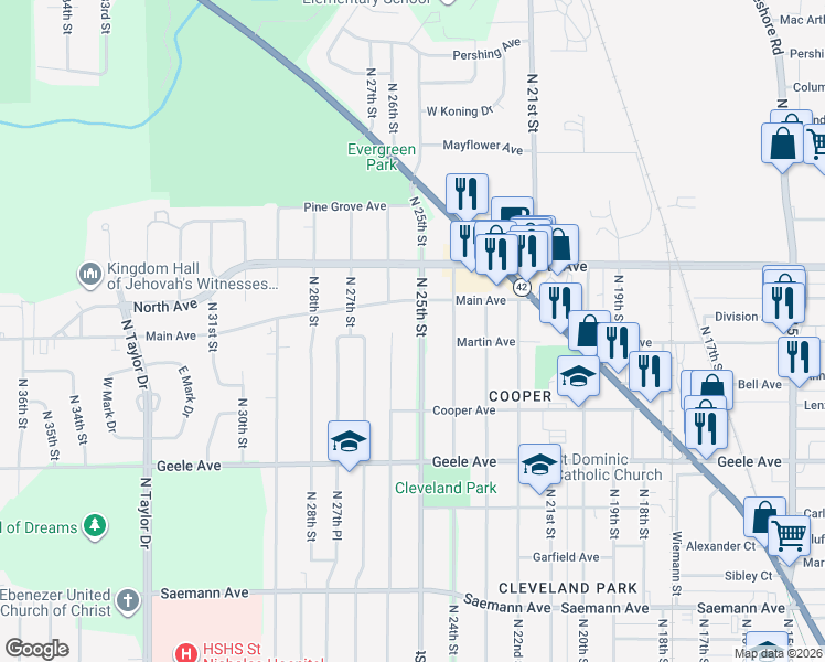 map of restaurants, bars, coffee shops, grocery stores, and more near 2432 North 25th Street in Sheboygan
