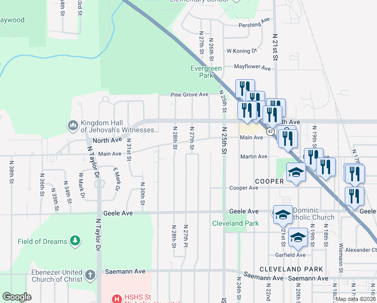 map of restaurants, bars, coffee shops, grocery stores, and more near 2422 North 27th Place in Sheboygan