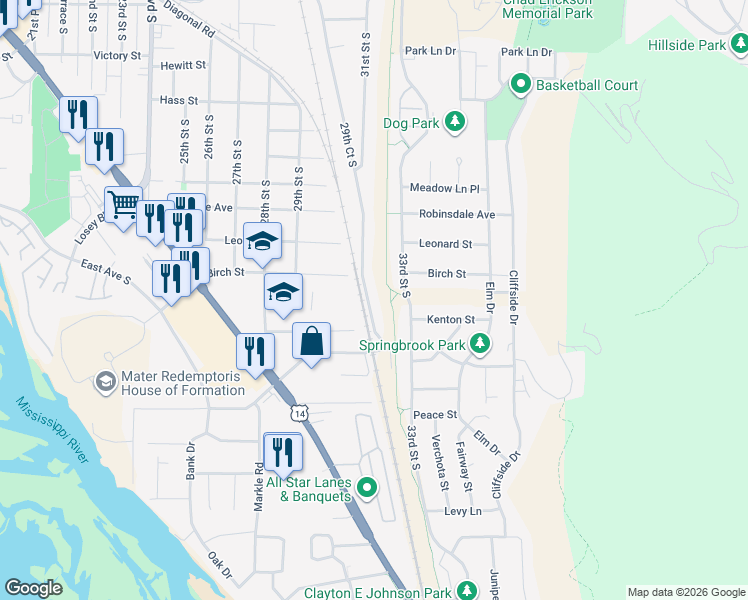 map of restaurants, bars, coffee shops, grocery stores, and more near 2955 Mesa Grande Place in La Crosse