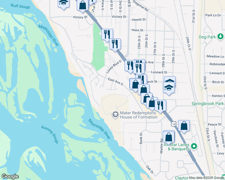 map of restaurants, bars, coffee shops, grocery stores, and more near 3536 East Avenue South in La Crosse