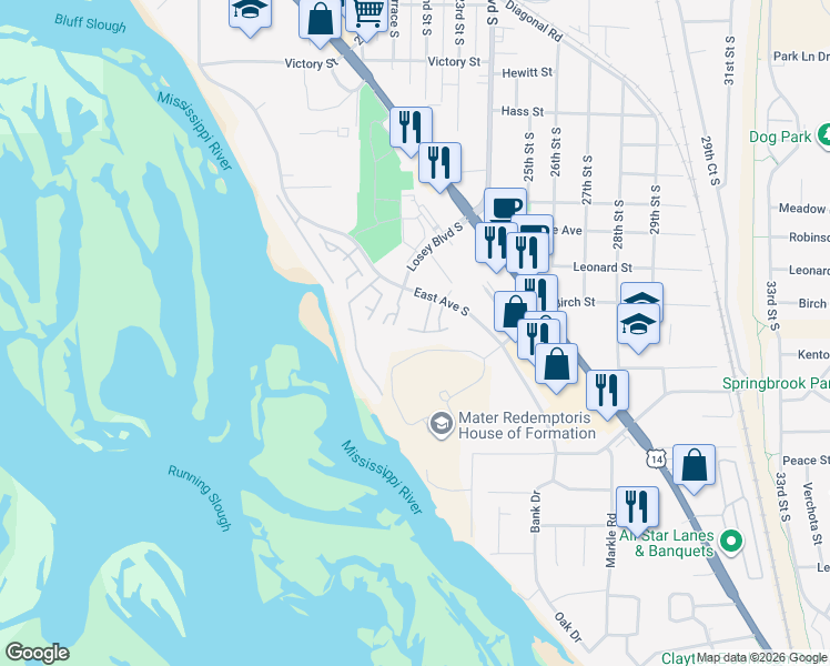 map of restaurants, bars, coffee shops, grocery stores, and more near 3710 East Avenue South in La Crosse