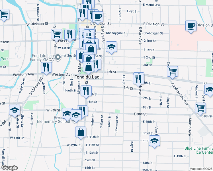 map of restaurants, bars, coffee shops, grocery stores, and more near 77 6th Street in Fond du Lac
