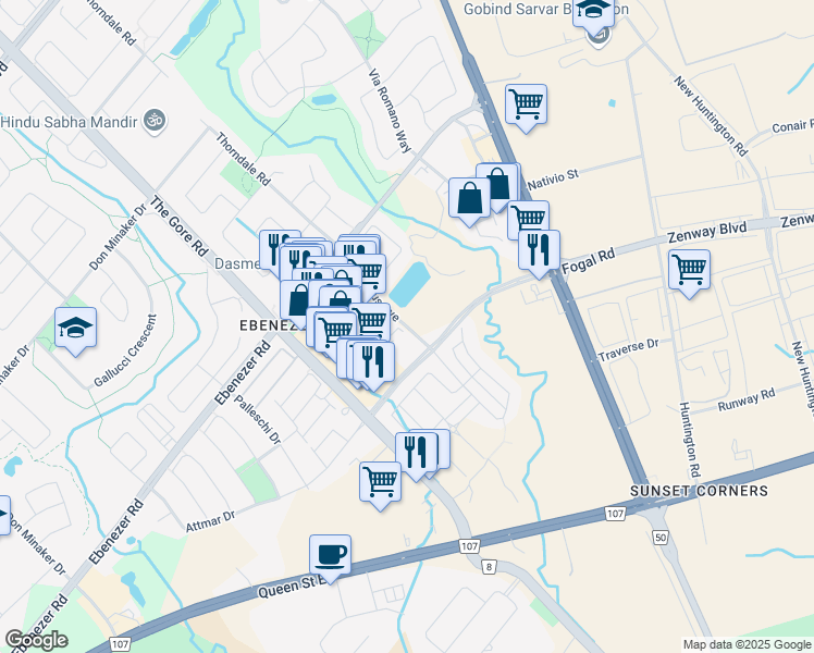 map of restaurants, bars, coffee shops, grocery stores, and more near 130 Nexus Avenue in Brampton