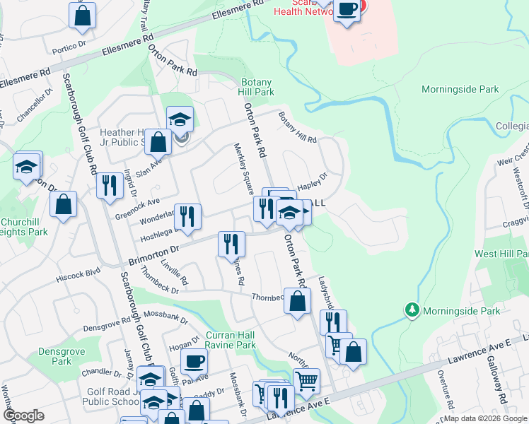 map of restaurants, bars, coffee shops, grocery stores, and more near 34 Curran Hall Crescent in Toronto