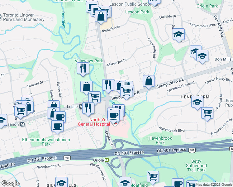 map of restaurants, bars, coffee shops, grocery stores, and more near 25 Cheryl Shepway in Toronto