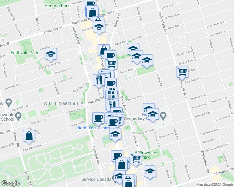 map of restaurants, bars, coffee shops, grocery stores, and more near 260 Doris Avenue in Toronto