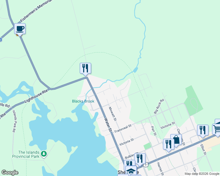 map of restaurants, bars, coffee shops, grocery stores, and more near Glasgow Street in Shelburne