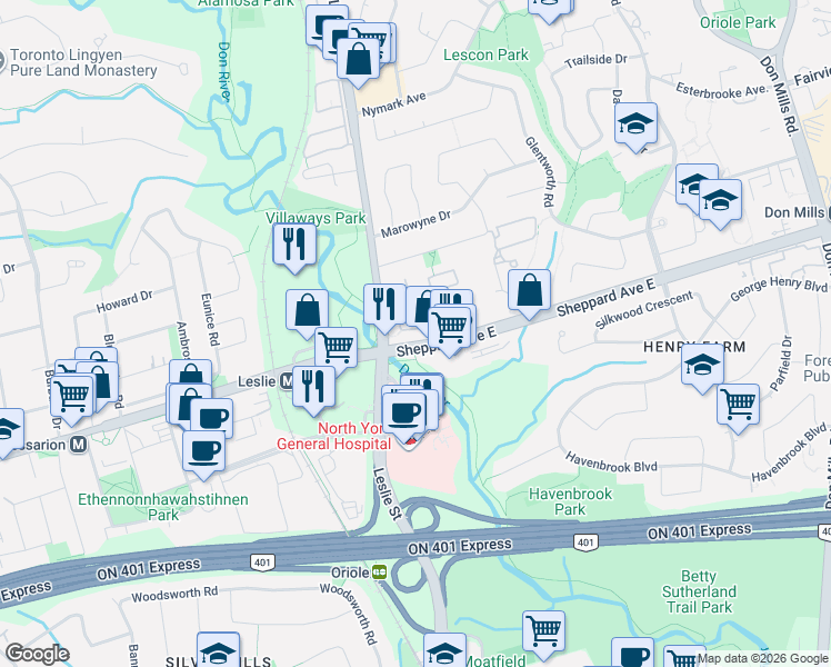 map of restaurants, bars, coffee shops, grocery stores, and more near 25 Cheryl Shepway in Toronto