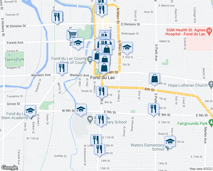 map of restaurants, bars, coffee shops, grocery stores, and more near 15 6th Street in Fond du Lac
