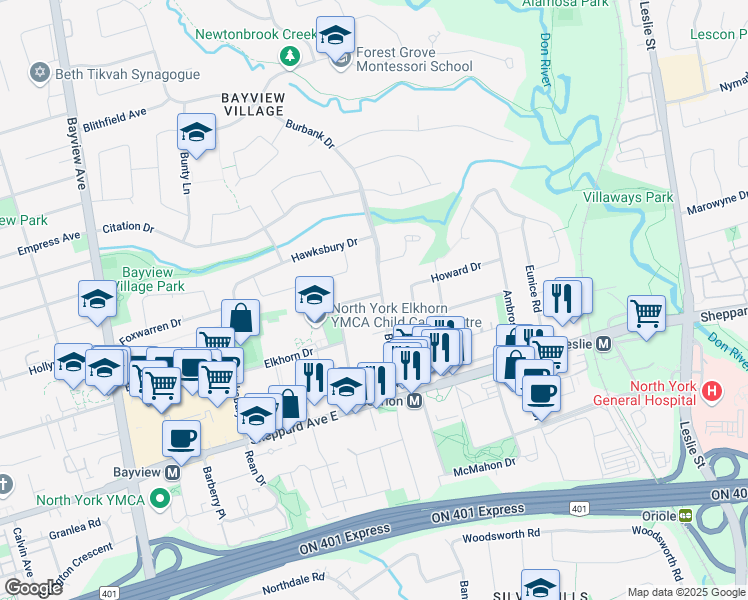 map of restaurants, bars, coffee shops, grocery stores, and more near 68 Whittaker Crescent in Toronto