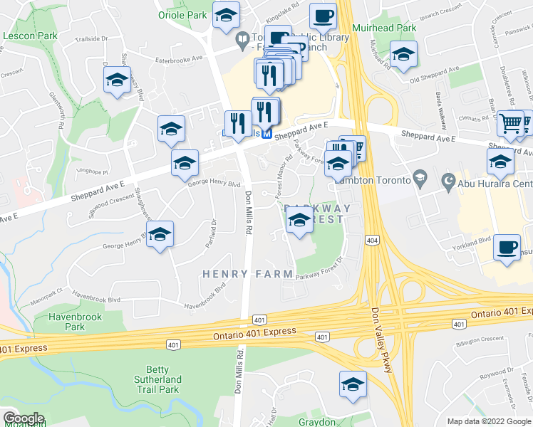 map of restaurants, bars, coffee shops, grocery stores, and more near in Toronto