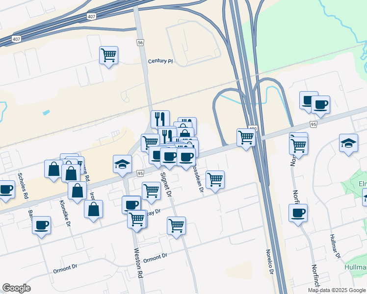map of restaurants, bars, coffee shops, grocery stores, and more near 6 Director Court in Vaughan