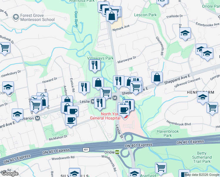 map of restaurants, bars, coffee shops, grocery stores, and more near 1240 Sheppard Avenue East in Toronto