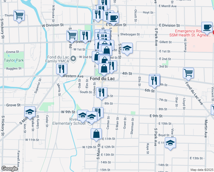 map of restaurants, bars, coffee shops, grocery stores, and more near 17 6th Street in Fond du Lac