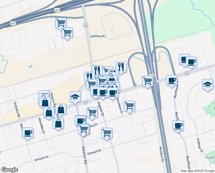 map of restaurants, bars, coffee shops, grocery stores, and more near 6 Director Court in Vaughan