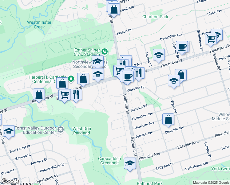 map of restaurants, bars, coffee shops, grocery stores, and more near 9 Kingsbridge Court in Toronto