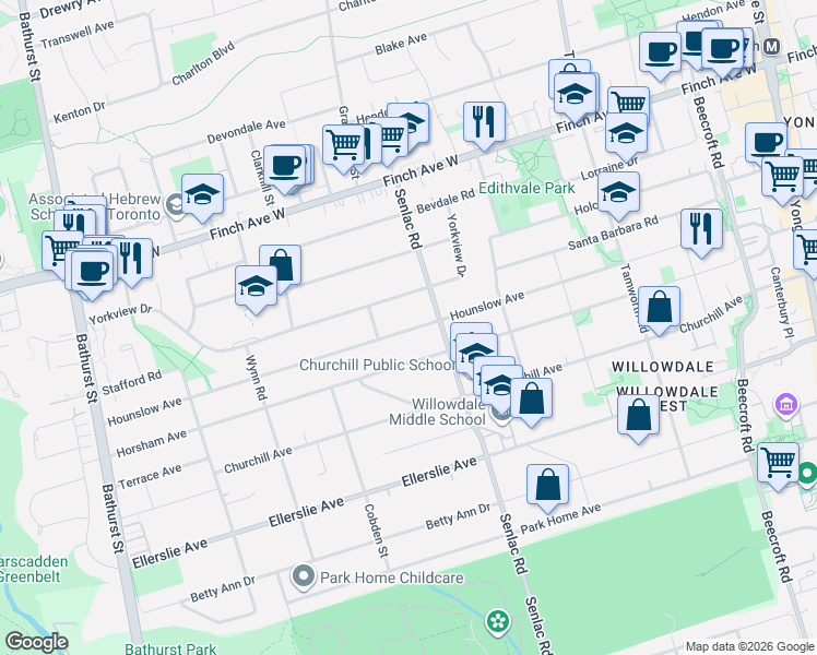 map of restaurants, bars, coffee shops, grocery stores, and more near 320 Hounslow Avenue in Toronto