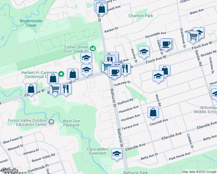 map of restaurants, bars, coffee shops, grocery stores, and more near 4900 Bathurst Street in Toronto