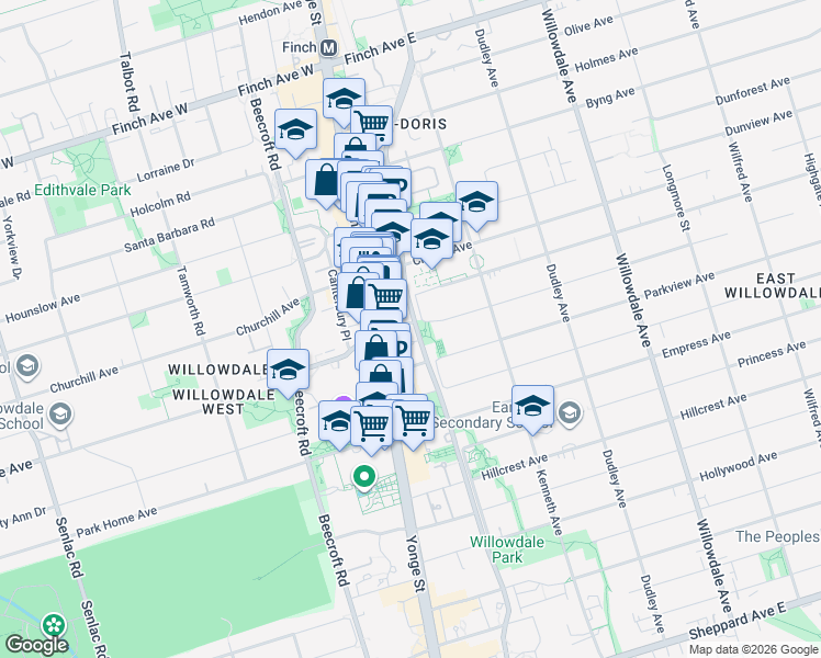 map of restaurants, bars, coffee shops, grocery stores, and more near 26 Norton Avenue in Toronto