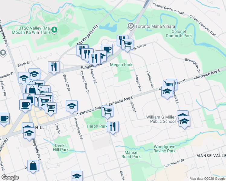 map of restaurants, bars, coffee shops, grocery stores, and more near 38 Asterfield Drive in Toronto