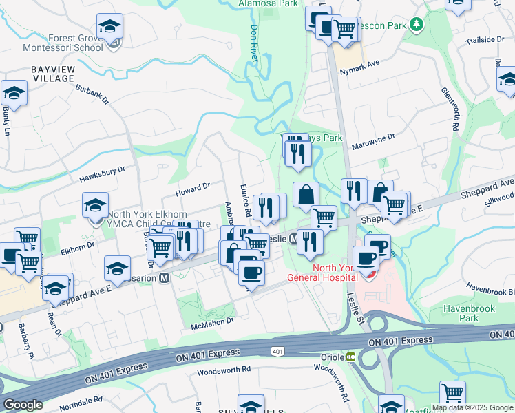 map of restaurants, bars, coffee shops, grocery stores, and more near in Toronto
