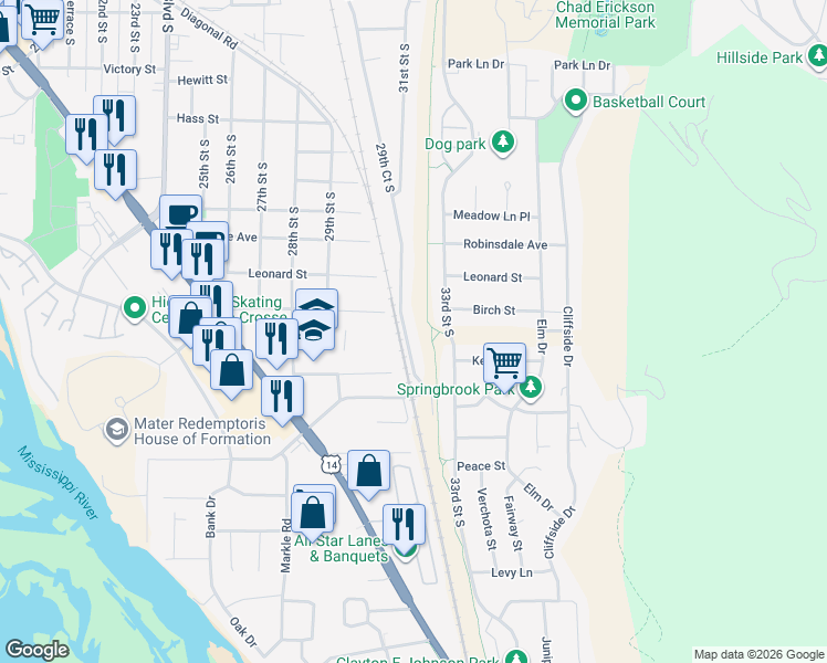 map of restaurants, bars, coffee shops, grocery stores, and more near 3435 29th Court South in La Crosse