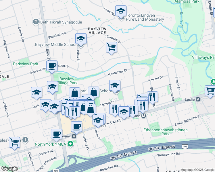 map of restaurants, bars, coffee shops, grocery stores, and more near 23 Morewood Crescent in Toronto