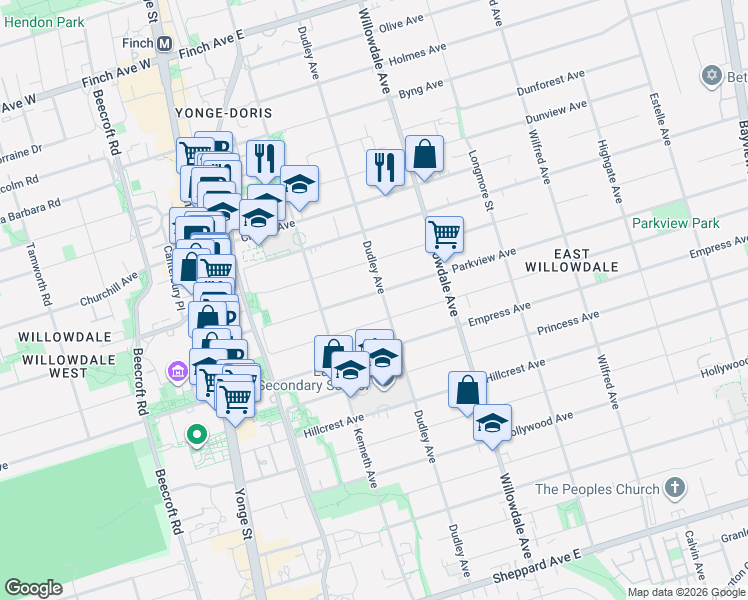 map of restaurants, bars, coffee shops, grocery stores, and more near 127 Parkview Avenue in Toronto