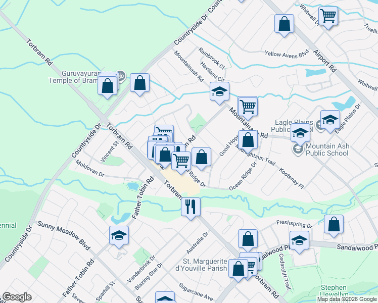 map of restaurants, bars, coffee shops, grocery stores, and more near 37 Tundra Swan Road in Brampton