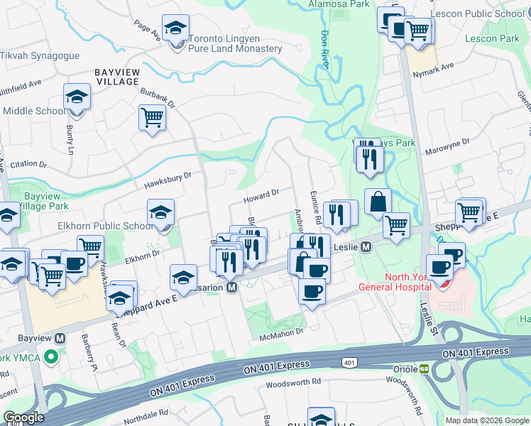 map of restaurants, bars, coffee shops, grocery stores, and more near 20 Arrowstook Road in Toronto