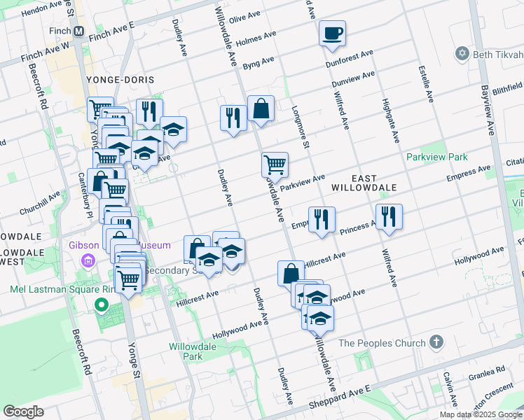 map of restaurants, bars, coffee shops, grocery stores, and more near 162 Kingsdale Avenue in Toronto