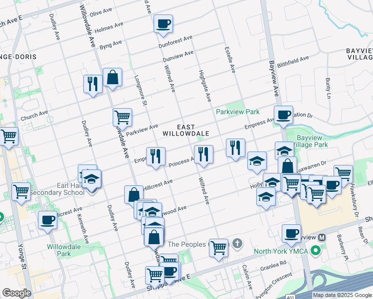 map of restaurants, bars, coffee shops, grocery stores, and more near 295 Empress Avenue in Toronto
