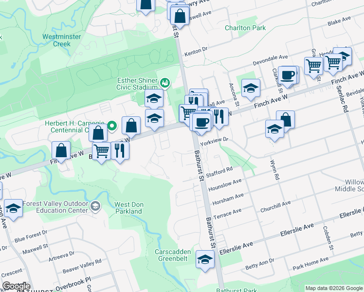 map of restaurants, bars, coffee shops, grocery stores, and more near 8 Kingsbridge Court in Toronto