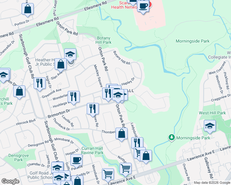 map of restaurants, bars, coffee shops, grocery stores, and more near 2 Botany Hill Road in Toronto
