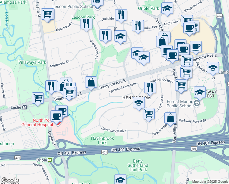 map of restaurants, bars, coffee shops, grocery stores, and more near 17 Silkwood Crescent in Toronto