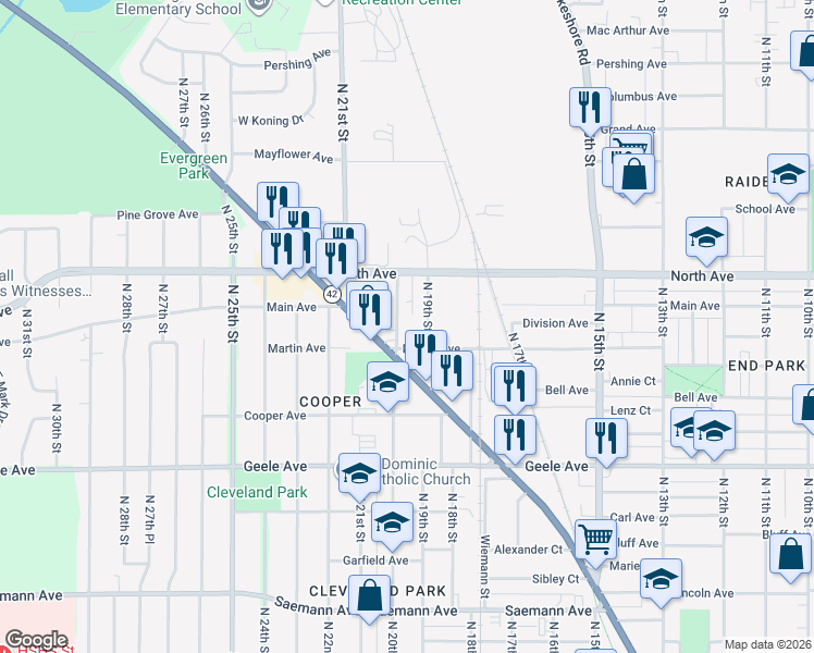map of restaurants, bars, coffee shops, grocery stores, and more near 2613 North 20th Street in Sheboygan