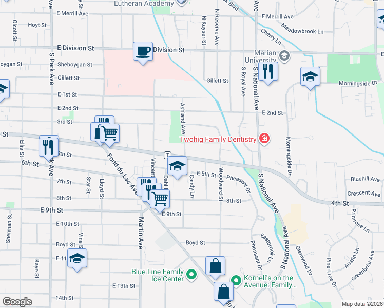 map of restaurants, bars, coffee shops, grocery stores, and more near 478 Prairie Avenue in Fond du Lac