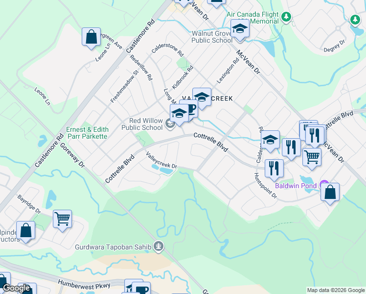 map of restaurants, bars, coffee shops, grocery stores, and more near 15 Valleystream Circle in Brampton
