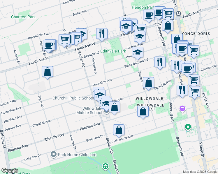 map of restaurants, bars, coffee shops, grocery stores, and more near 210 Horsham Avenue in Toronto