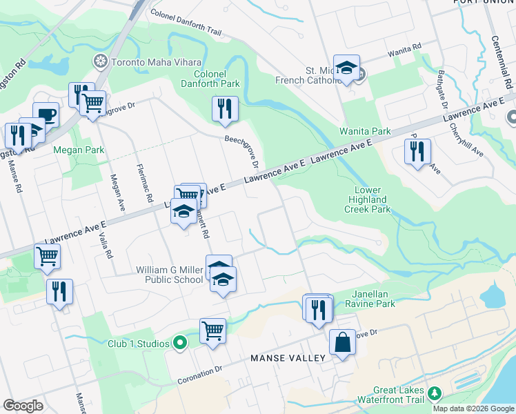 map of restaurants, bars, coffee shops, grocery stores, and more near 70A Dunstall Crescent in Toronto