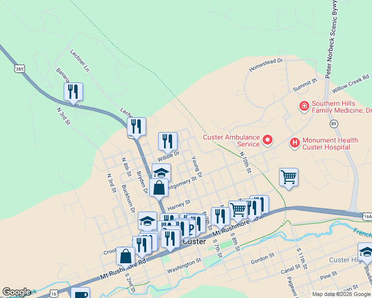 map of restaurants, bars, coffee shops, grocery stores, and more near 432 Willsie Drive in Custer