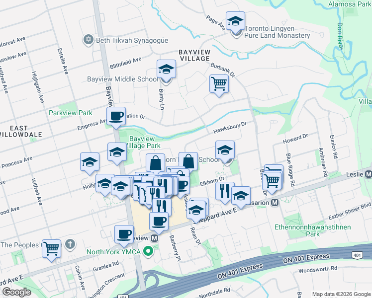 map of restaurants, bars, coffee shops, grocery stores, and more near 9 Hawksbury Drive in Toronto