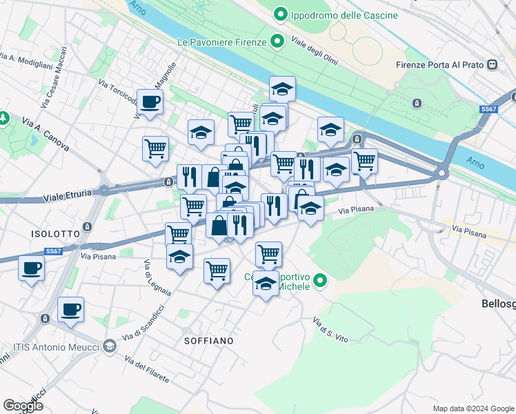 map of restaurants, bars, coffee shops, grocery stores, and more near 11 Via del Palazzo dei Diavoli in Firenze