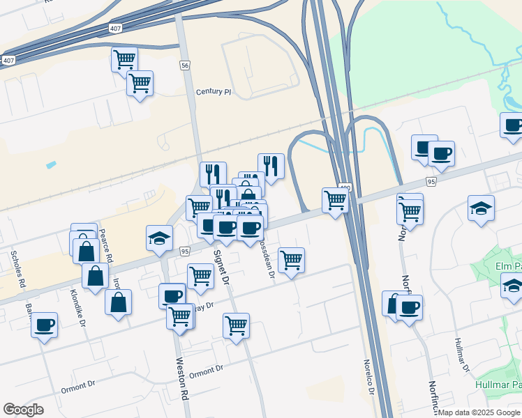 map of restaurants, bars, coffee shops, grocery stores, and more near 11 Director Court in Vaughan